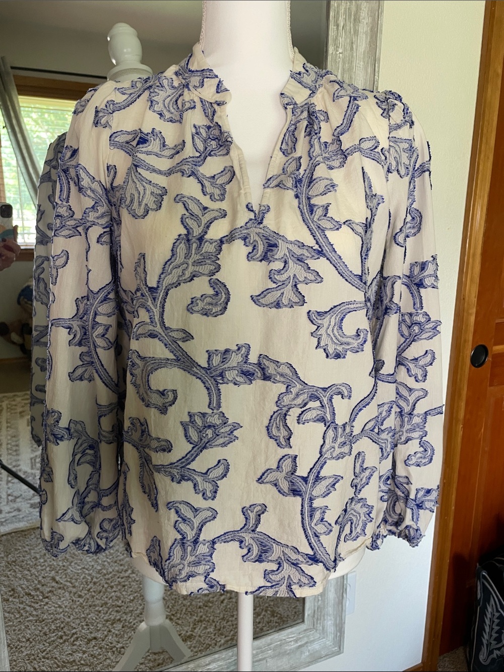 LOFT Cream Blouse with Blue Floral Embroidery
